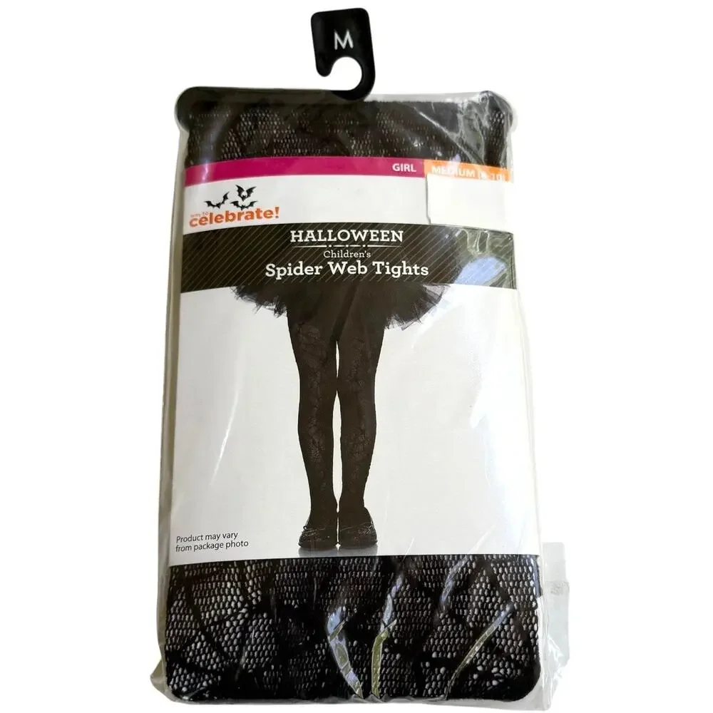 Halloween Spider Web Tights Girls 8/10 MED Black Lace Mesh Wicked Costume New